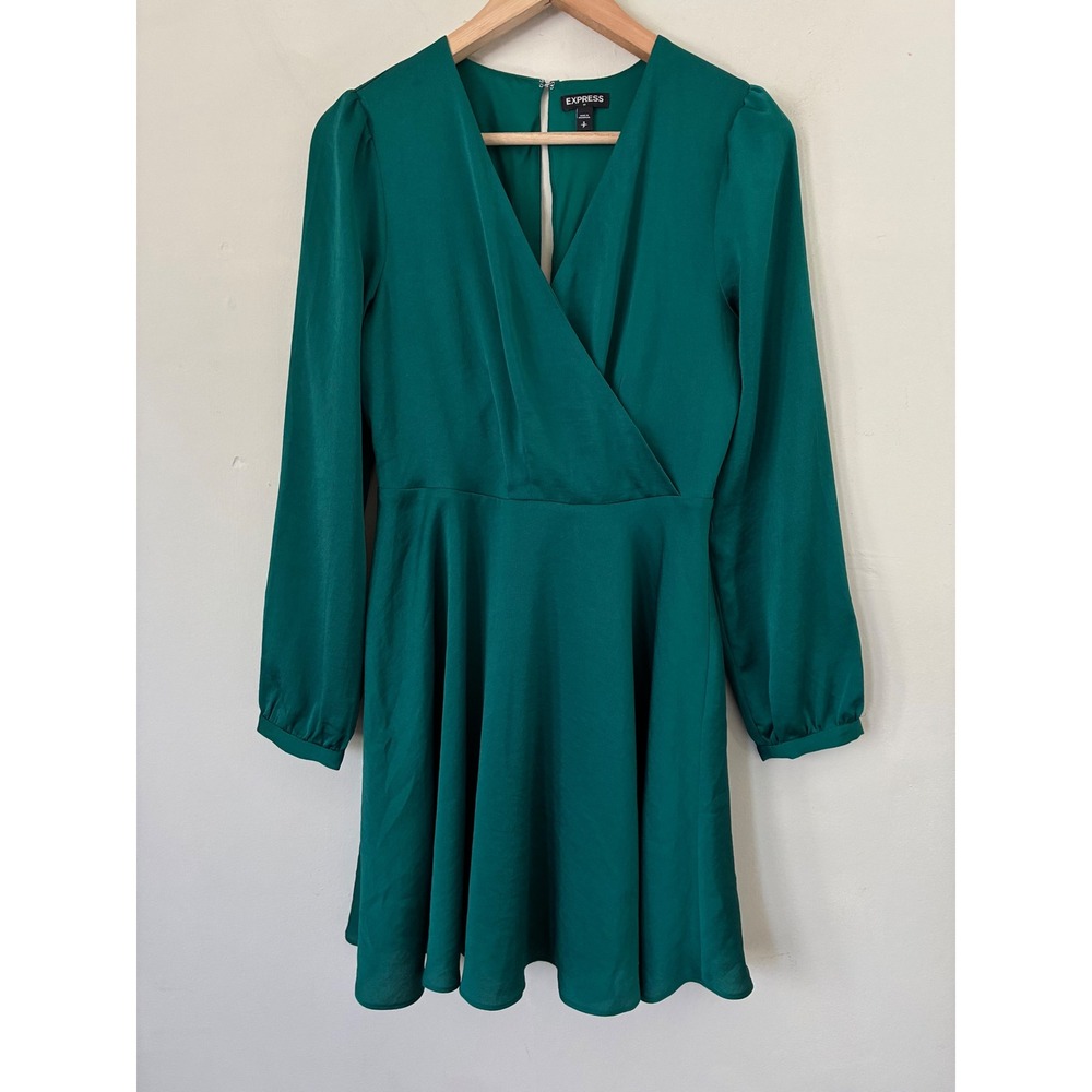 Express Emerald Green Long‎ Sleeve Surplice V-Neck A-Line Mini Dress S Cocktail